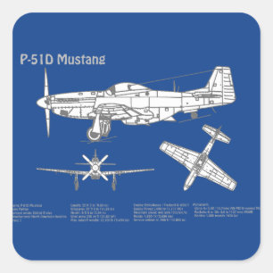 P-51D Mustang - Airplane Blueprint ABD Square Sticker