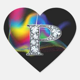 "P" Diamond Bling on Rainbow Swirl Heart Sticker