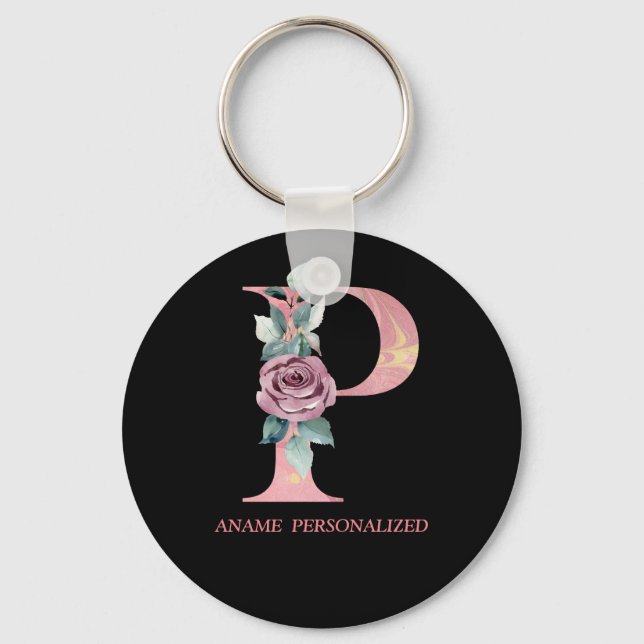 P Floral Monogram Name Letters Pink Agate Keychain (Front)