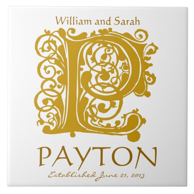 P Gold Monogram on White - Names Wedding Date Tile (Front)