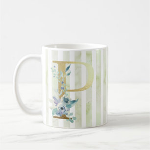 P, golden initial blue and white stripes, coffee mug