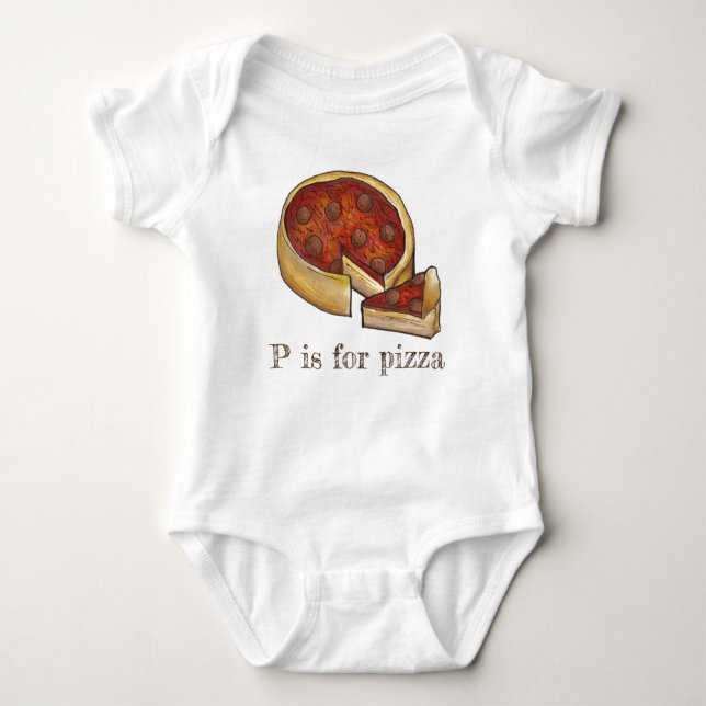 P is for Pizza Alphabet Pepperoni Deep Dish Pie Baby Bodysuit (Front)