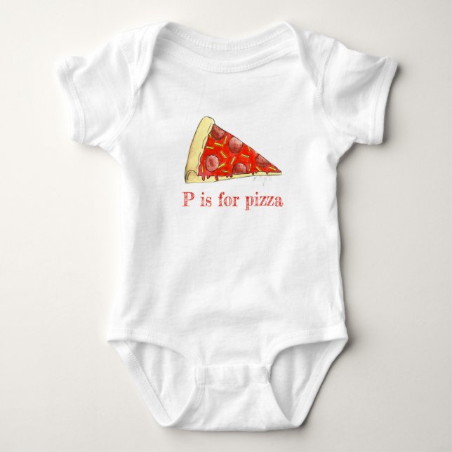 P is for Pizza Pepperoni Cheese Slice Foodie ABCs Baby Bodysuit (Front)