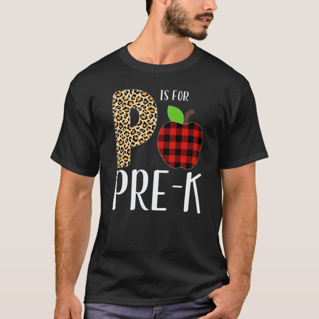 P Is For Pre K Teacher Leopard Buffalo Plaid Kids  T-Shirt (Front)