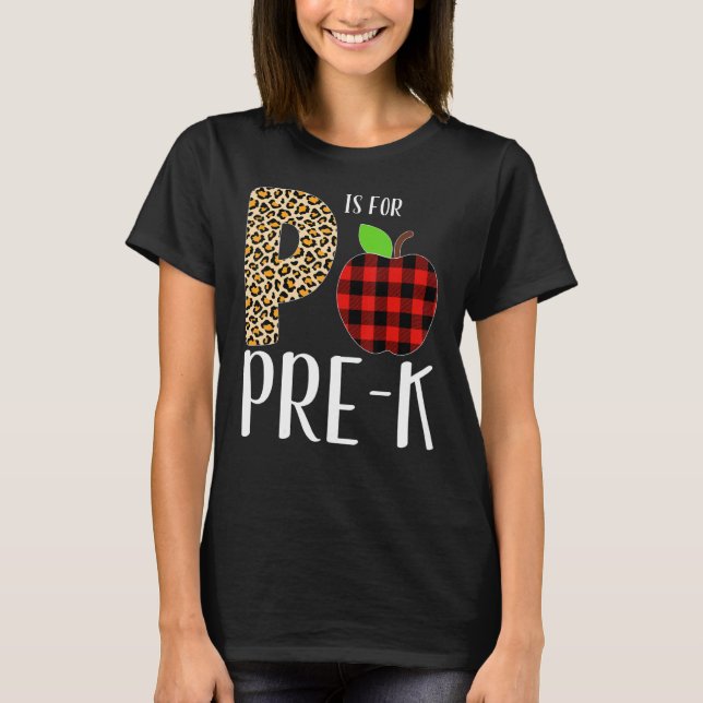 P Is For Pre K Teacher Leopard Buffalo Plaid Kids  T-Shirt (Front)