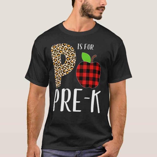 P Is For Pre K Teacher Leopard Buffalo Plaid Kids  T-Shirt (Front)
