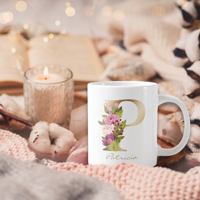 P Letter Gold Monogram Pink White Magenta Floral Large Coffee Mug (Creator Uploaded)