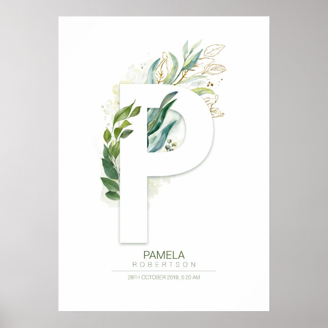 P Letter Monogram Gold Greenery Foliage Chic Poster (Front)
