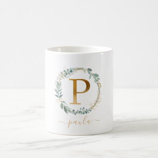 P  monogram, customer specific leafy wreath  coffee mug (Center)