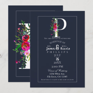 P Monogram Last Initial Modern Blue Floral Wedding Invitation
