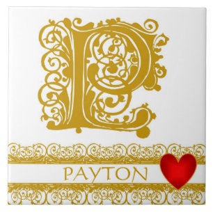 P Monogram Name Gold Lace Red Heart Template Tile