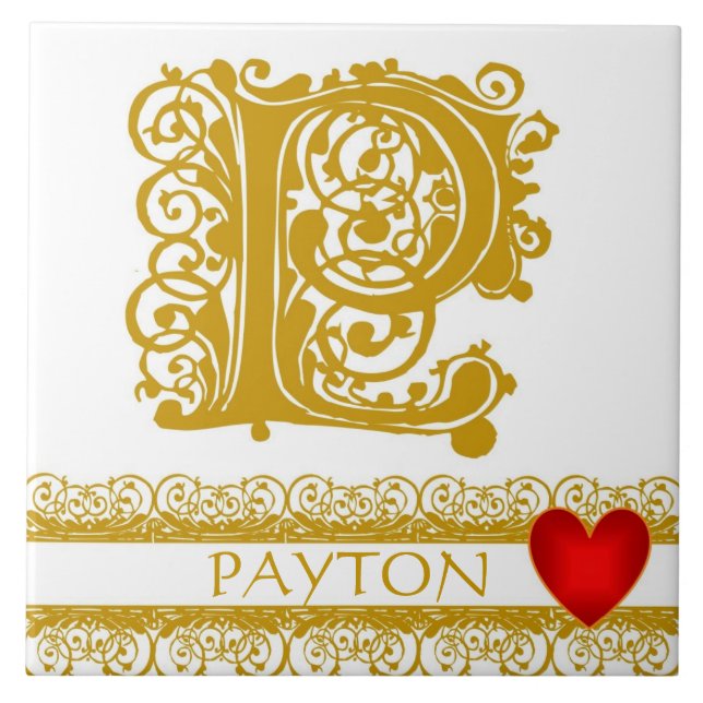P Monogram Name Gold Lace Red Heart Template Tile (Front)
