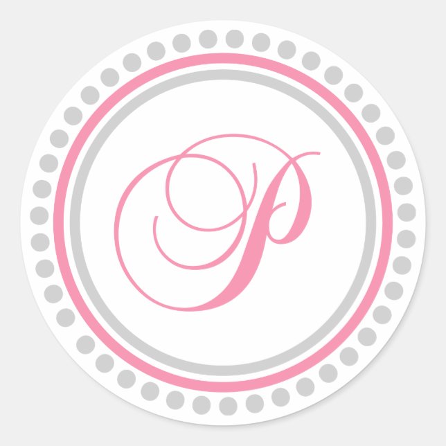P Monogram (Pink / Silver Dot Circle) Classic Round Sticker (Front)