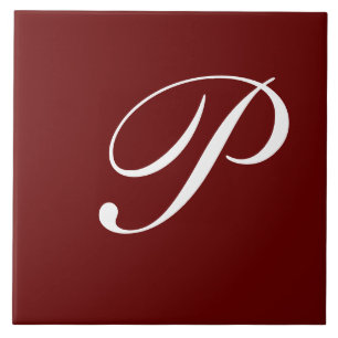 P Monogram, White on Dark Red, Ceramic Tile