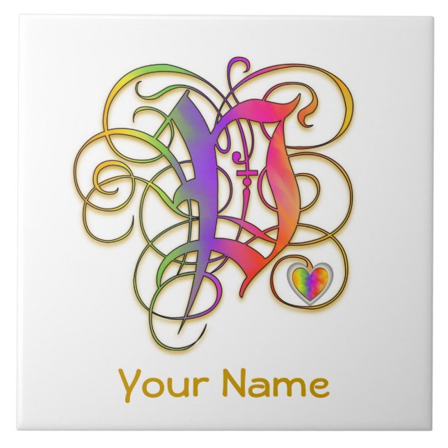 P Monogram Your Name "Gothic Rainbow" Ceramic Tile (Front)