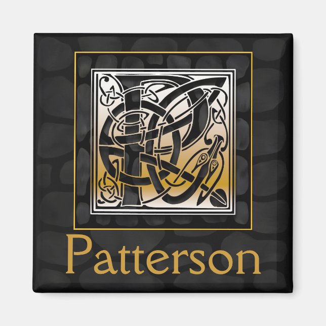 P Name Monogram "Celtic Black Stone" Square Magnet (Front)