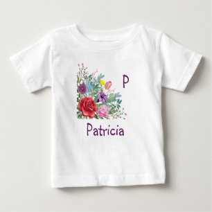 P Patricia Personalise Letter Name, Rose Flowers Baby T-Shirt
