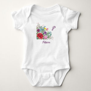 P Patricia Personalize Letter Name, Rose Flowers Baby Bodysuit