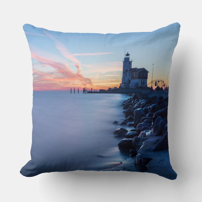 Paard van Marken lighthouse in a blue sunrise Cushion (Front)