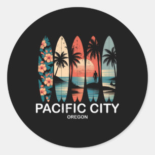 Pacific City Oregon Surfboard Surfing Retro Classic Round Sticker