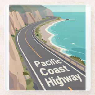 Pacific Coast Highway Graphic Travel Art Glass Coaster