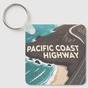 Pacific Coast Highway Retro Travel Art Key Ring