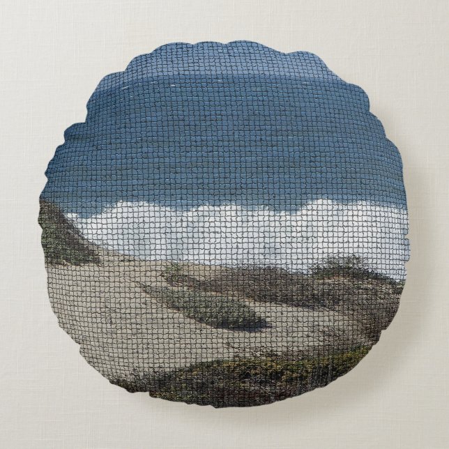 Pacific Coast Landscape Photo Beach Waves Mosaic Round Cushion (Front)
