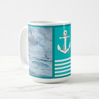 Pacific coast seascape/beach/seagulls/waves/anchor coffee mug