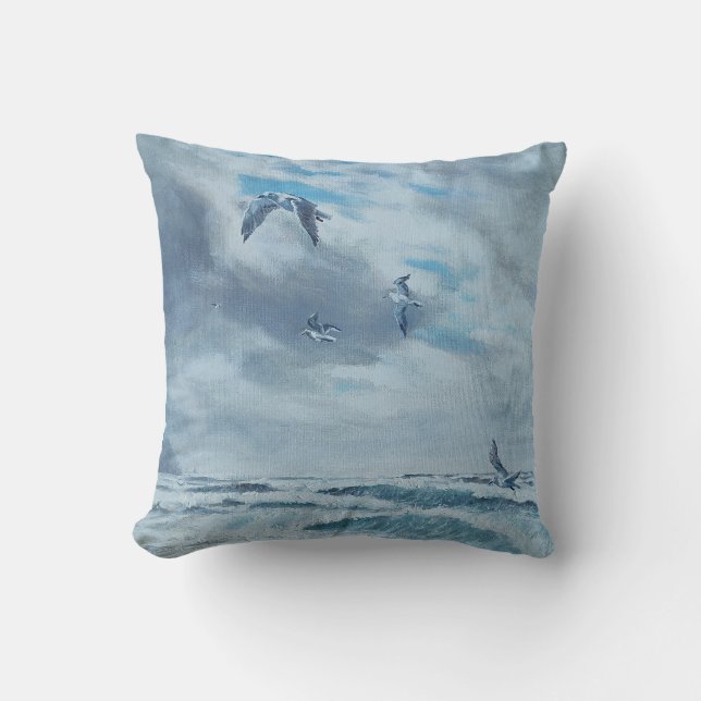 Pacific coast seascape, beach, seagulls, waves cushion (Front)