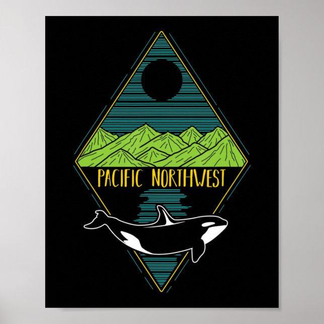 Pacific Northwest Orca Whale Tree Mountain Ocean P Poster (Front)