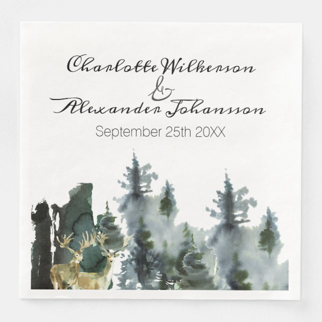 Pacific Northwest Watercolor Forest and Deer Napkin (Front)