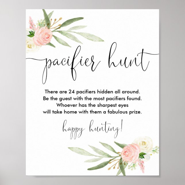 Pacifier hunt baby shower game sign pink gold (Front)