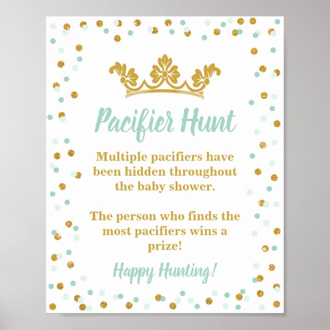 Pacifier Hunt Baby Shower Game Sign Royal Mint (Front)