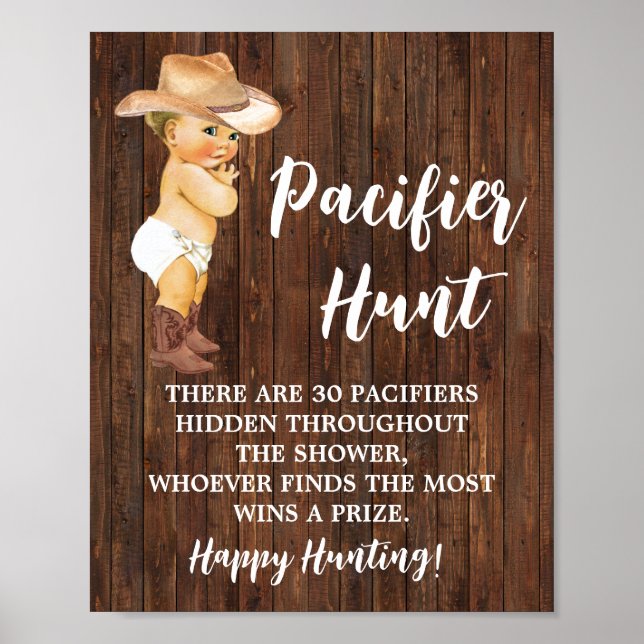 Pacifier Hunt Game Little Cowboy Baby Shower Sign (Front)