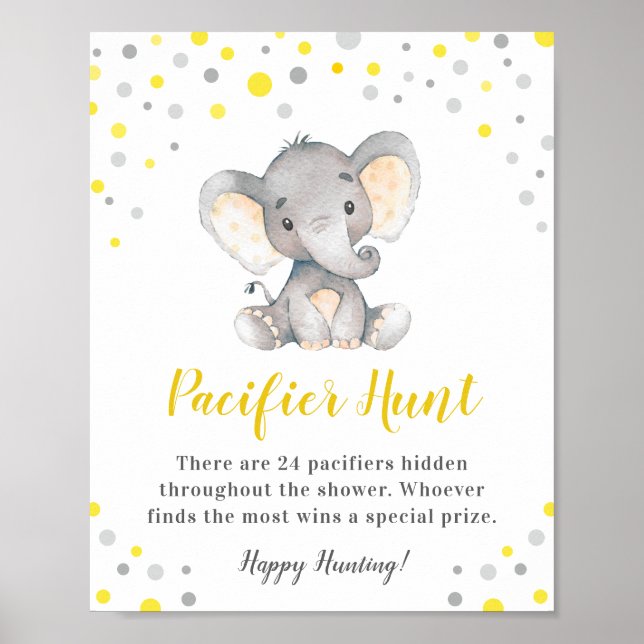 Pacifier Hunt Game Yellow Dot Elephant Baby Shower Poster (Front)
