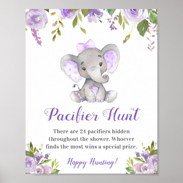 Pacifier Hunt Lavender Girl Elephant Baby Shower Poster (Front)