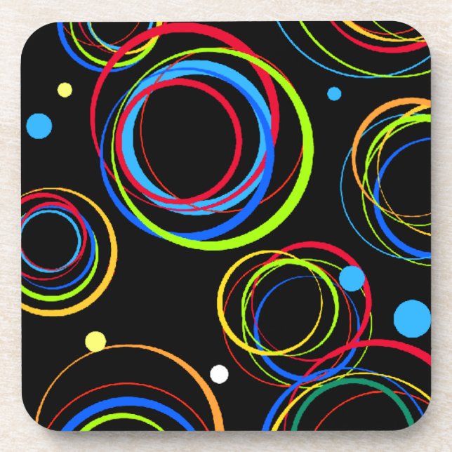 Pack 6 black graphic coloured circles coasters (Front)