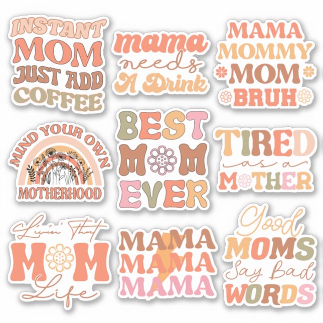 Pack of Funny Orange Retro Mum Quote Vinyl Sticker (Front)