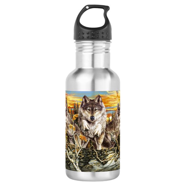 Pack of wolves jumping over a log 532 ml water bottle (Front)