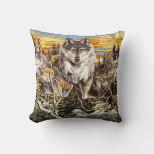 Pack of wolves jumping over a log cushion