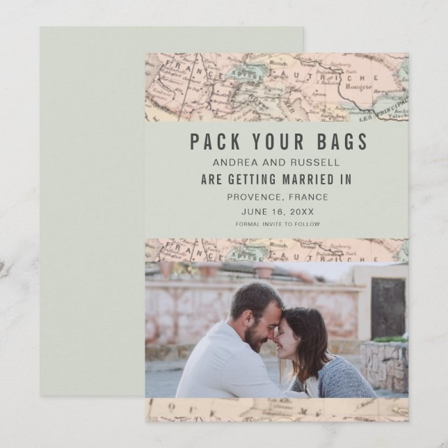 Pack Your Bags Europe Map Destination Wedding Save The Date (Front/Back)