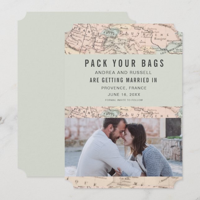 Pack Your Bags Europe Map Destination Wedding Save The Date (Front/Back)