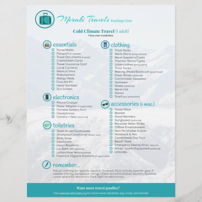 Packing List: Cold Climate Travel (1 Adult) (Front)