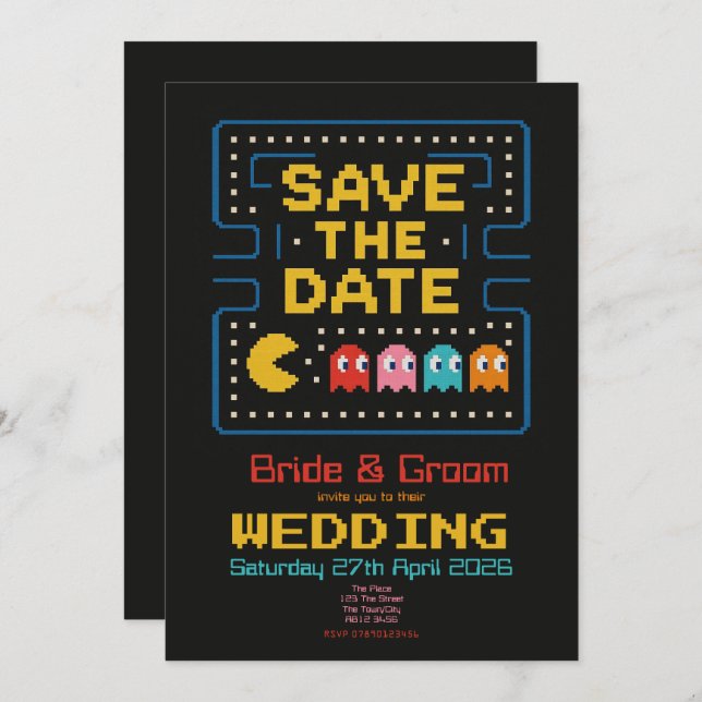 pacman retro personalized gaming 'save the date' invitation (Front/Back)