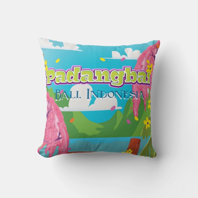 Padangbai cartoon travel poster art. cushion (Front)