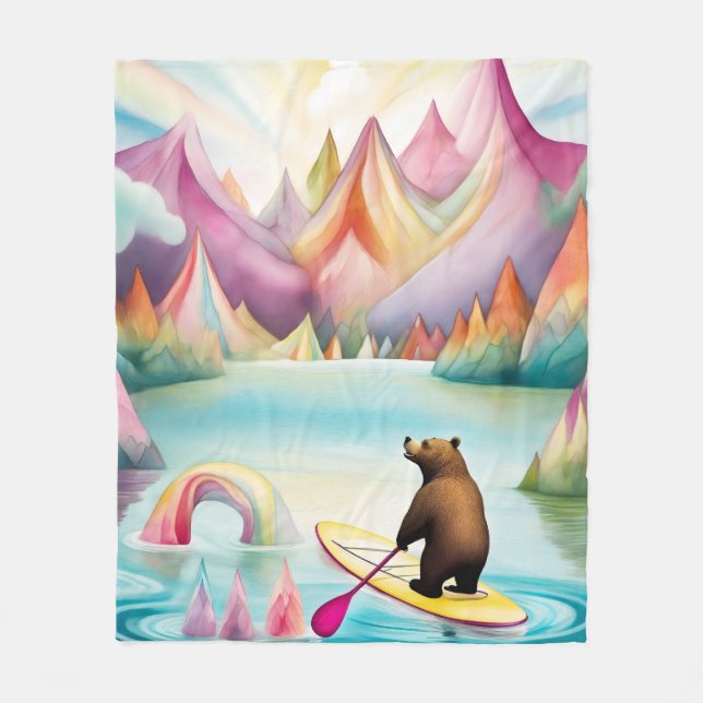 Paddle Boarding Bear in a Pastel Colour Design Fleece Blanket (Front)