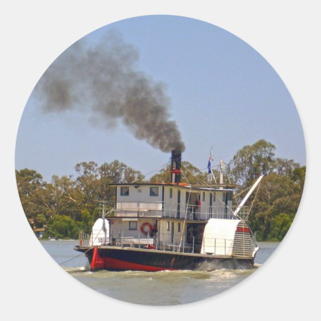 Paddle Steamer Cruising River Murray, Classic Round Sticker (Front)