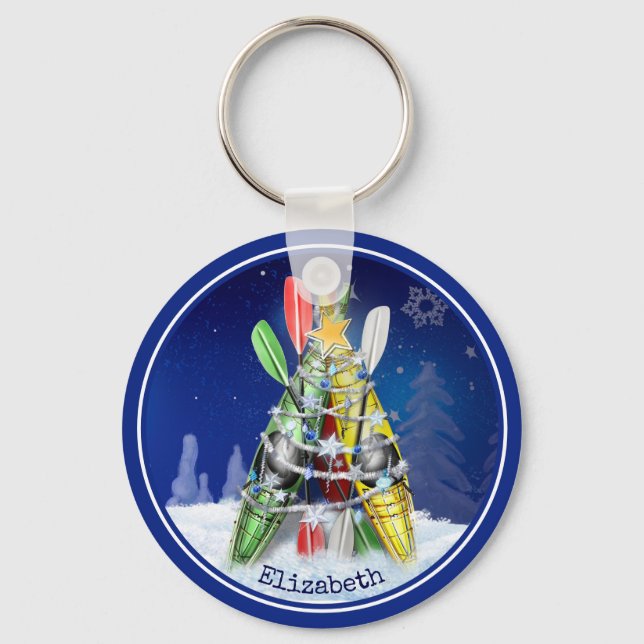 paddling winter Kayak Christmas Tree personalised Key Ring (Front)
