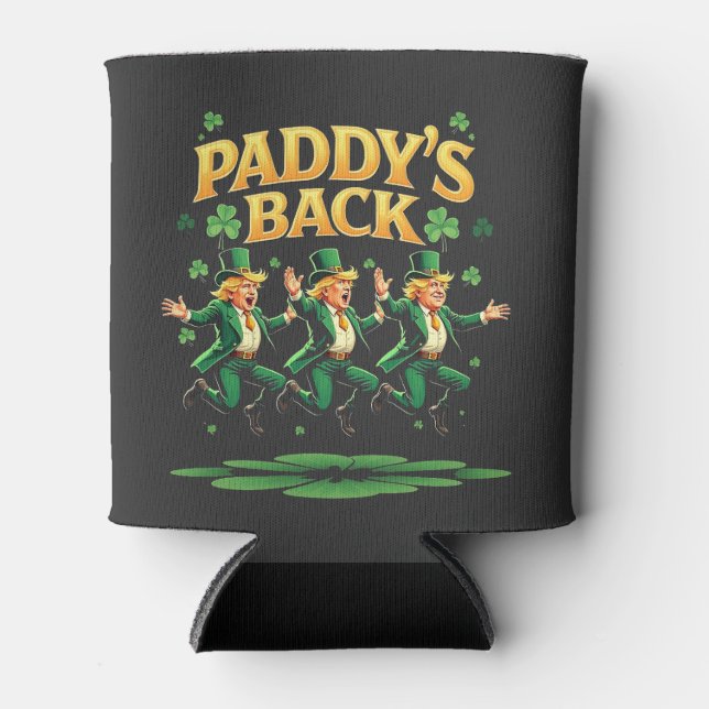 Paddy's Back Funny Trump St Patrick Day Leopard  Can Cooler (Front)