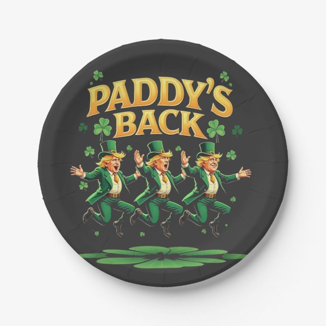 Paddy's Back Funny Trump St Patrick Day Leopard  Paper Plate (Front)